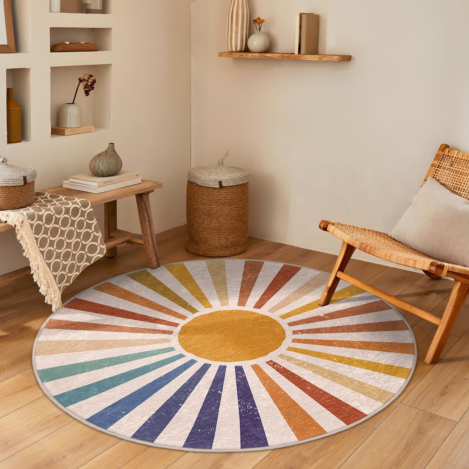 Radiant Sunburst Design Round Rug - Colorful Rays Circle Carpet ...