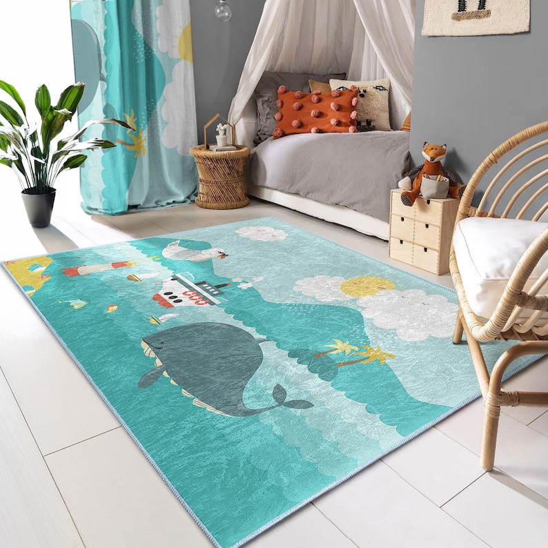 Beluga Orca Rug - Anti Slip Kids Mat - Nautical Kids Carpet Gifts