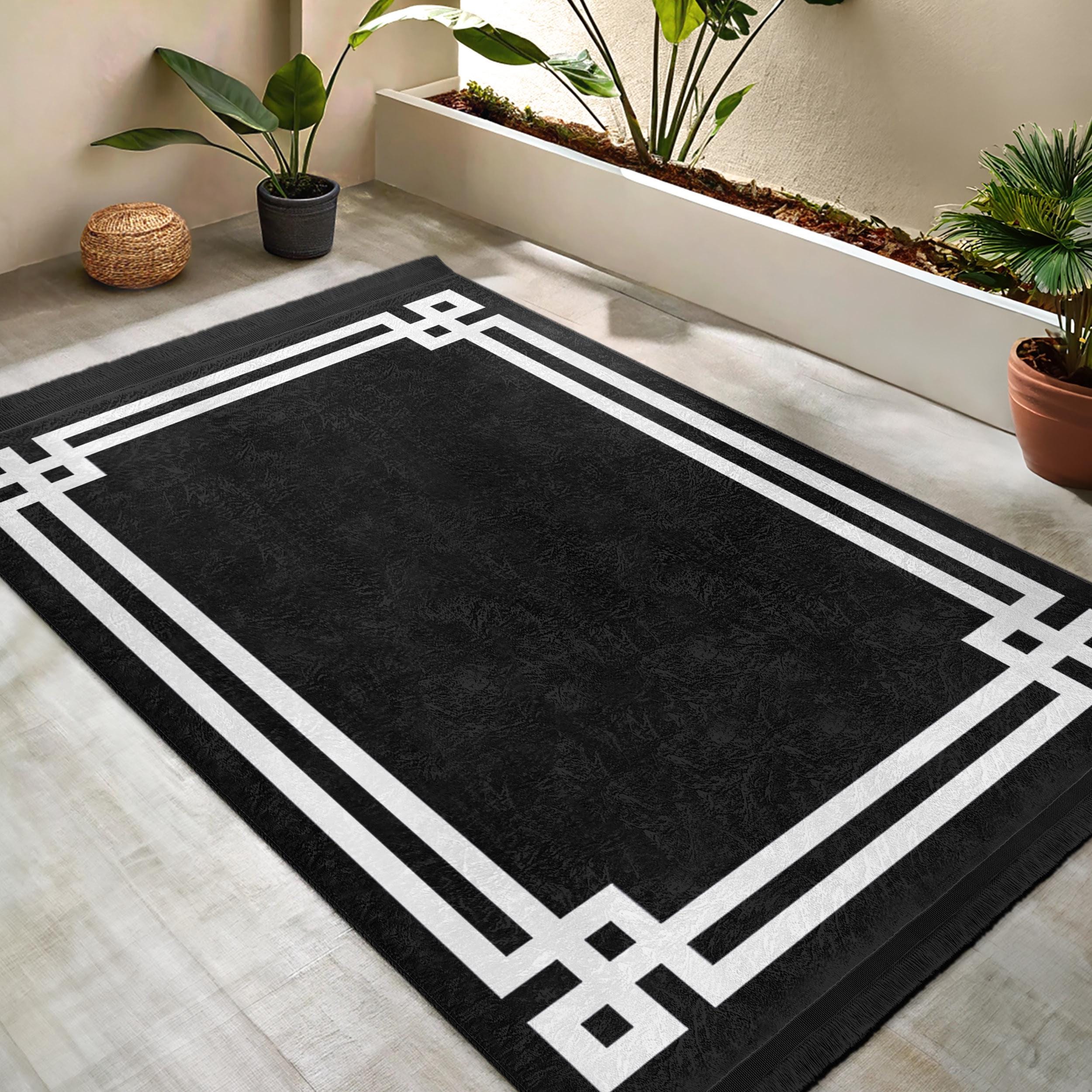 Black Geometric Framed Area Rug - White Bordered Accent Mat - Modern ...