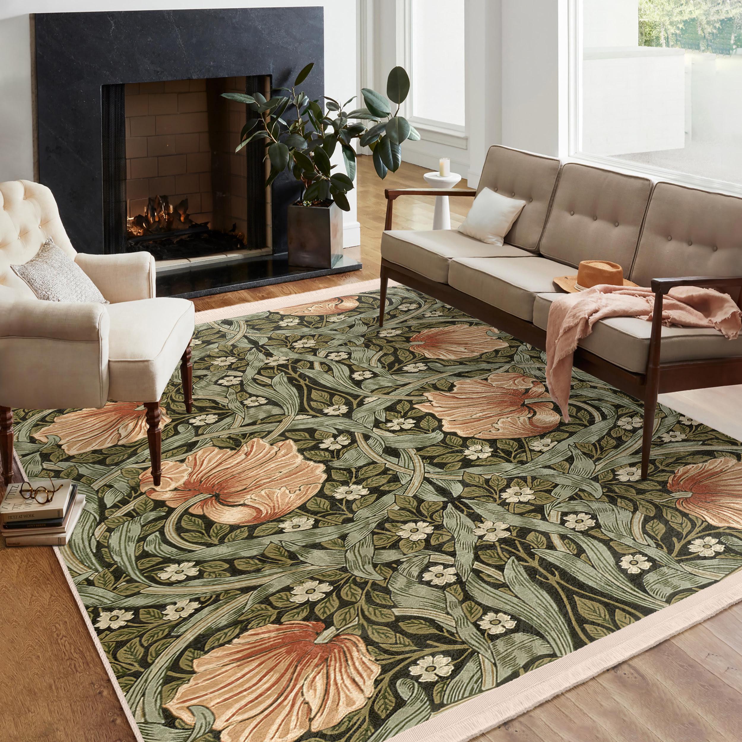 アート746　「タイム2(オリーブ)」　インテリアコーディネート Wiliam Morris Style Artistic Floral Leaf Area Rug - Green Beige