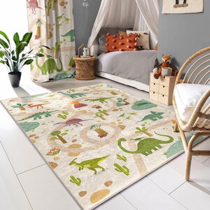 Dinosaur Adventure Playtime Rug - Dino Jungle Pattern Carpet - Kids Room Area Rug - Fun Green Animal Throw Rug - Whimsical Decor Accent Mat