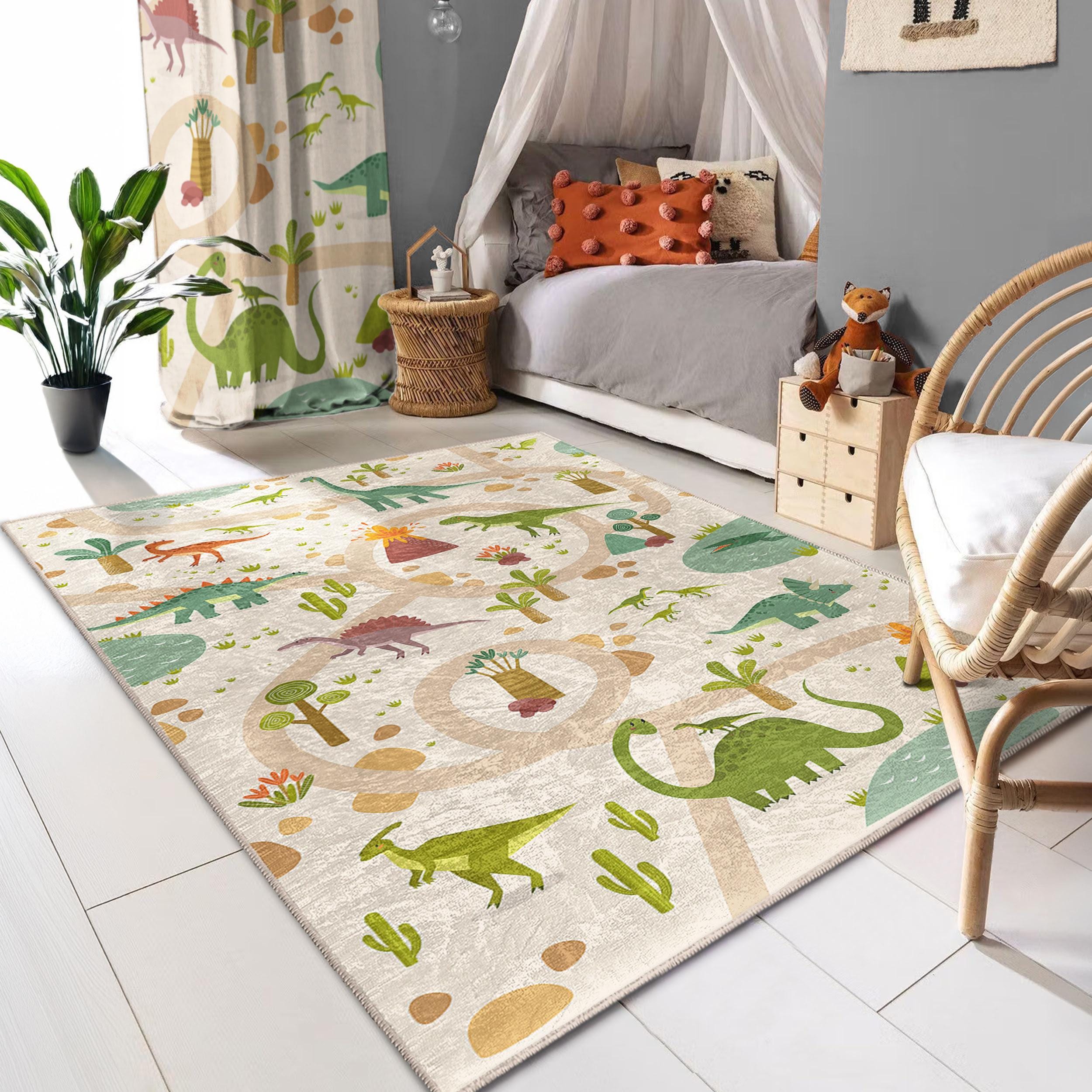 Dinosaur Adventure Playtime Rug - Dino Jungle Pattern Carpet - Kids Room Area Rug - Fun Green Animal Throw Rug - Whimsical Decor Accent Mat