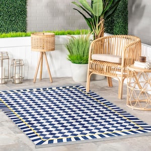 Navy Patio Mat - Vibrant Decor Carpet  -Wavy Diamond Rug