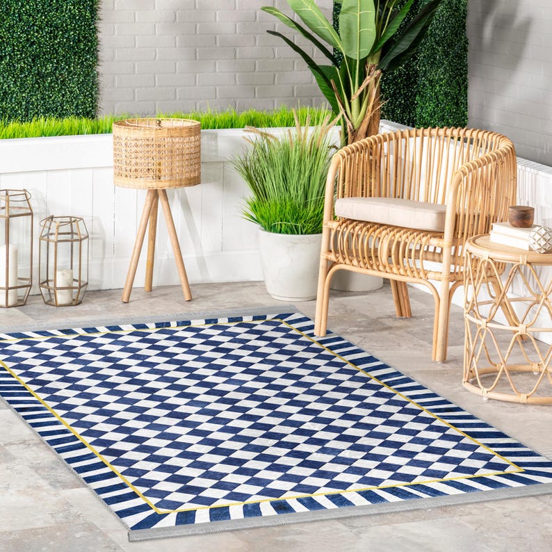 Navy Patio Mat - Vibrant Decor Carpet  -Wavy Diamond Rug