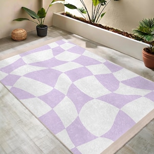 Lavendel Welle Bereich Teppich -Schachbrett Moderne Matte-Non Slip Runner-Futuristisch Geschwungener Teppich-Waschbarer Art Deco Akzent Teppich-Soft Pastel Living Mat