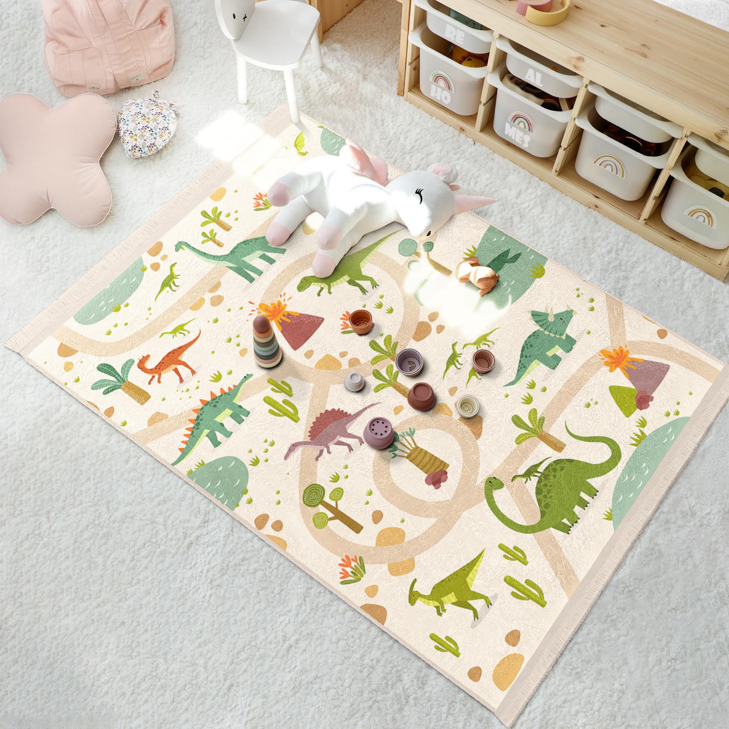 Dinosaur Adventure Playtime Rug - Dino Jungle Pattern Carpet - Kids ...