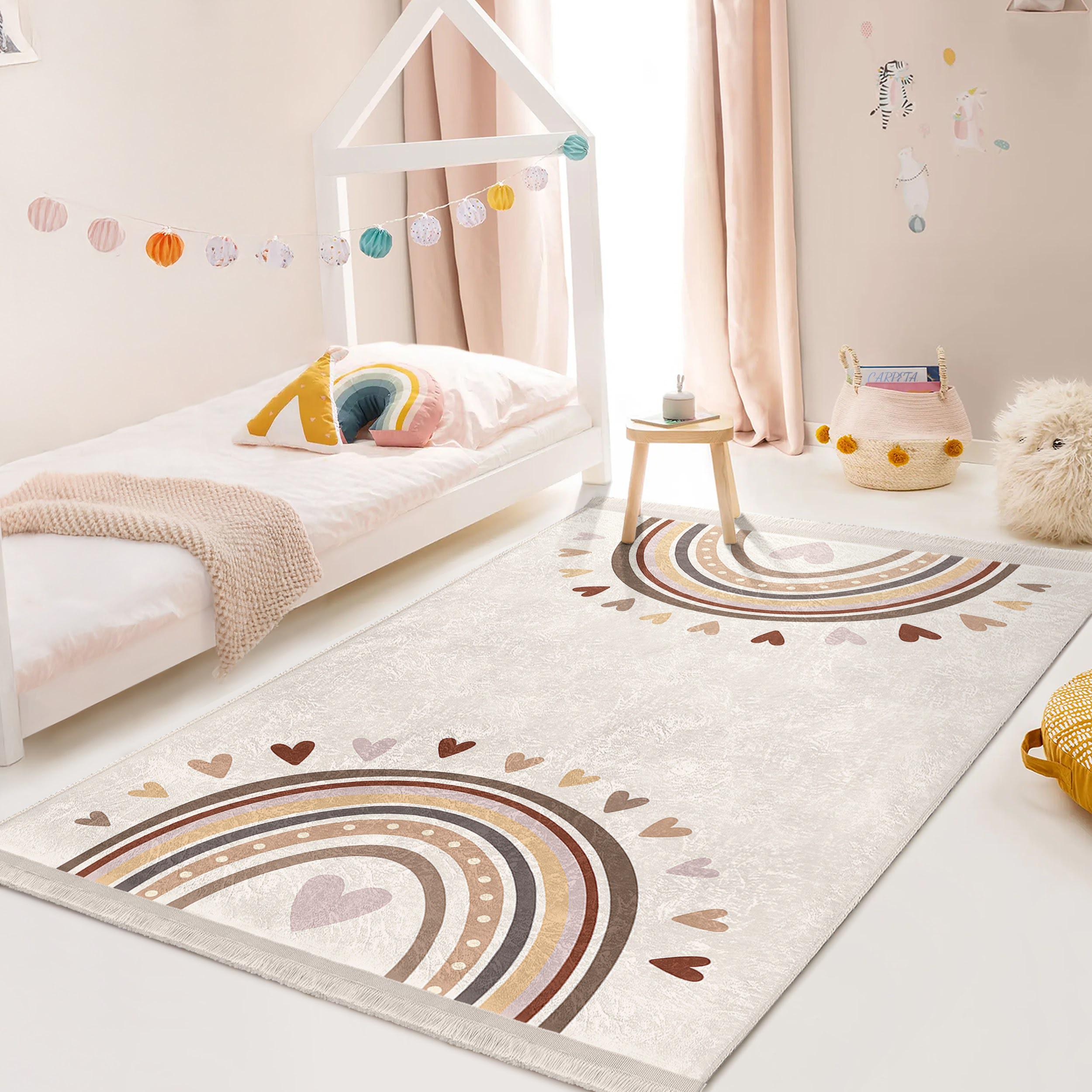 Rainbow Heart Pattern Rug - Nursery Kids Room Decor - Cream Color ...