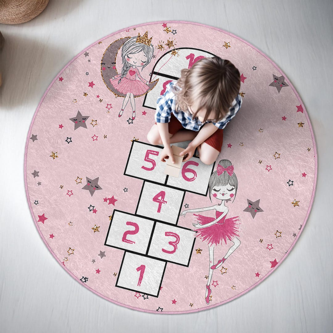 Pink Ballet Hopscotch Kids Room Round Rug - Fairy Princess Star Dance ...