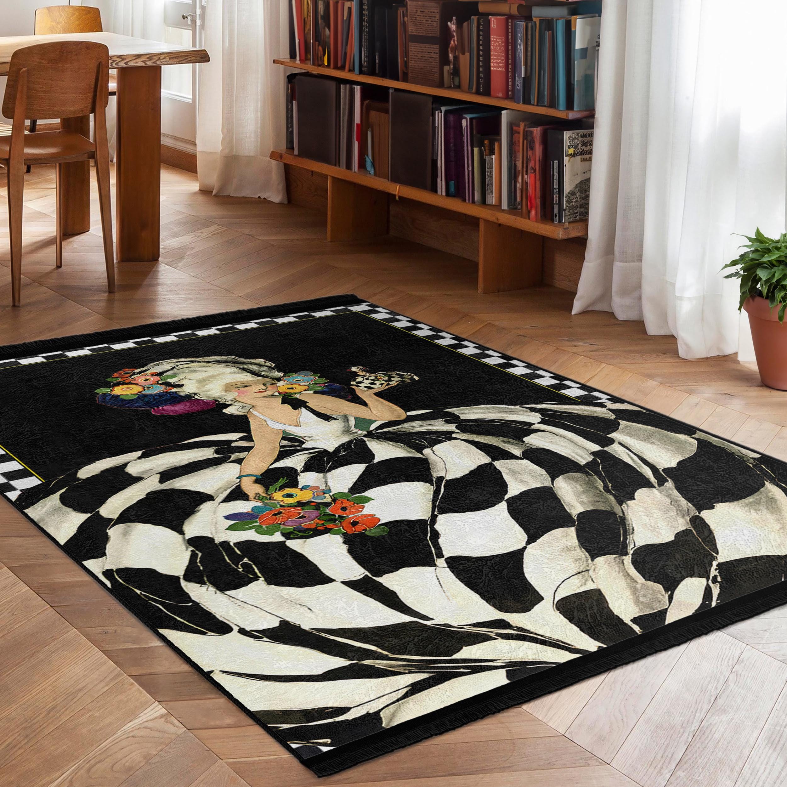 Baroque Lady Area Rug - Checkerboard Floral Carpet - Black White Accent ...