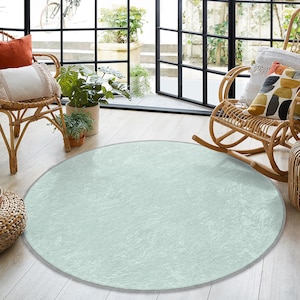 Op de afbeelding: Een lichtblauw rond tapijt met een subtiel textuurpatroon. Het tapijt ligt op een lichte houten vloer in een kamer met een groot raam en twee rieten stoelen.