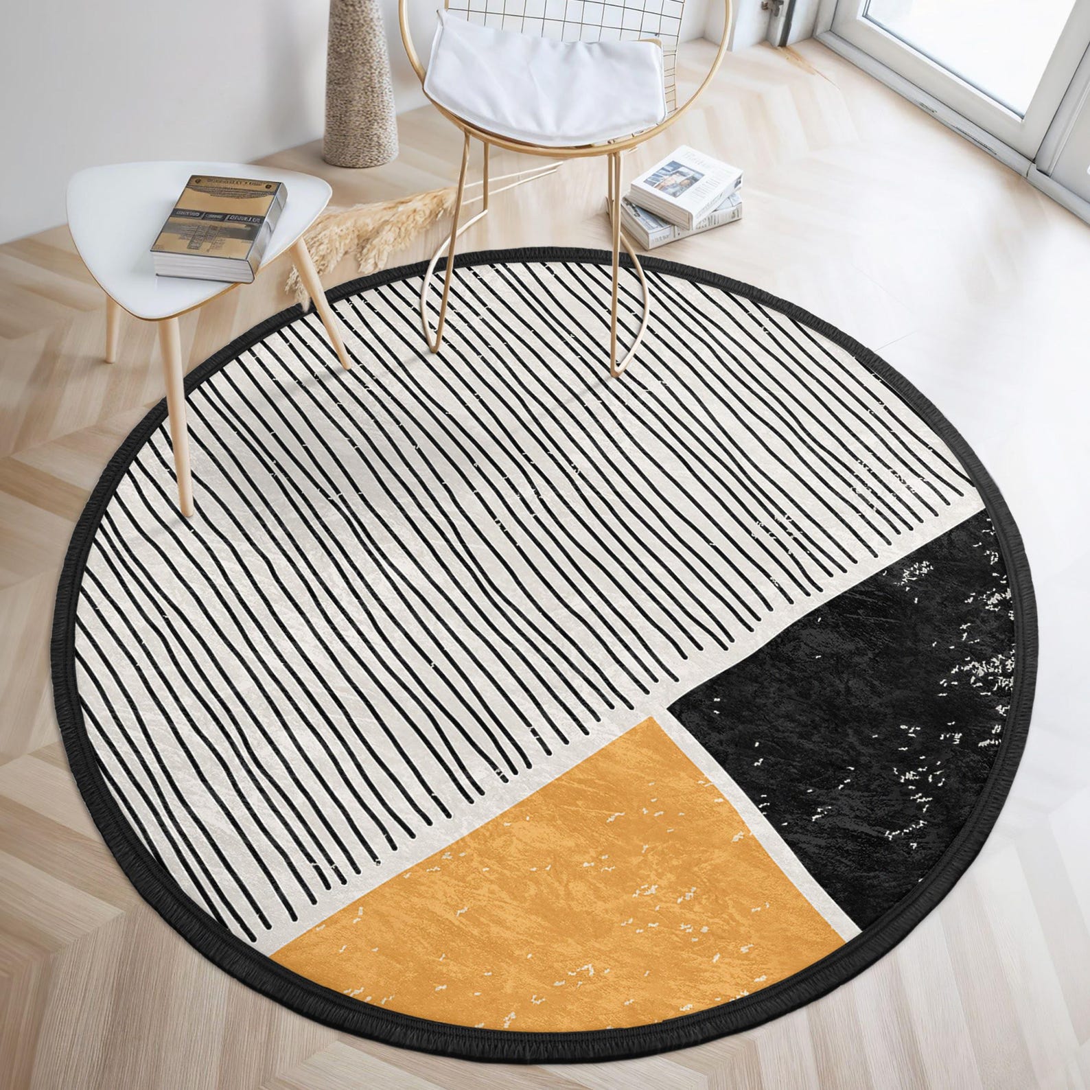 Striped Minimalist Color Block Round Rug - Black White Geometric Circle ...