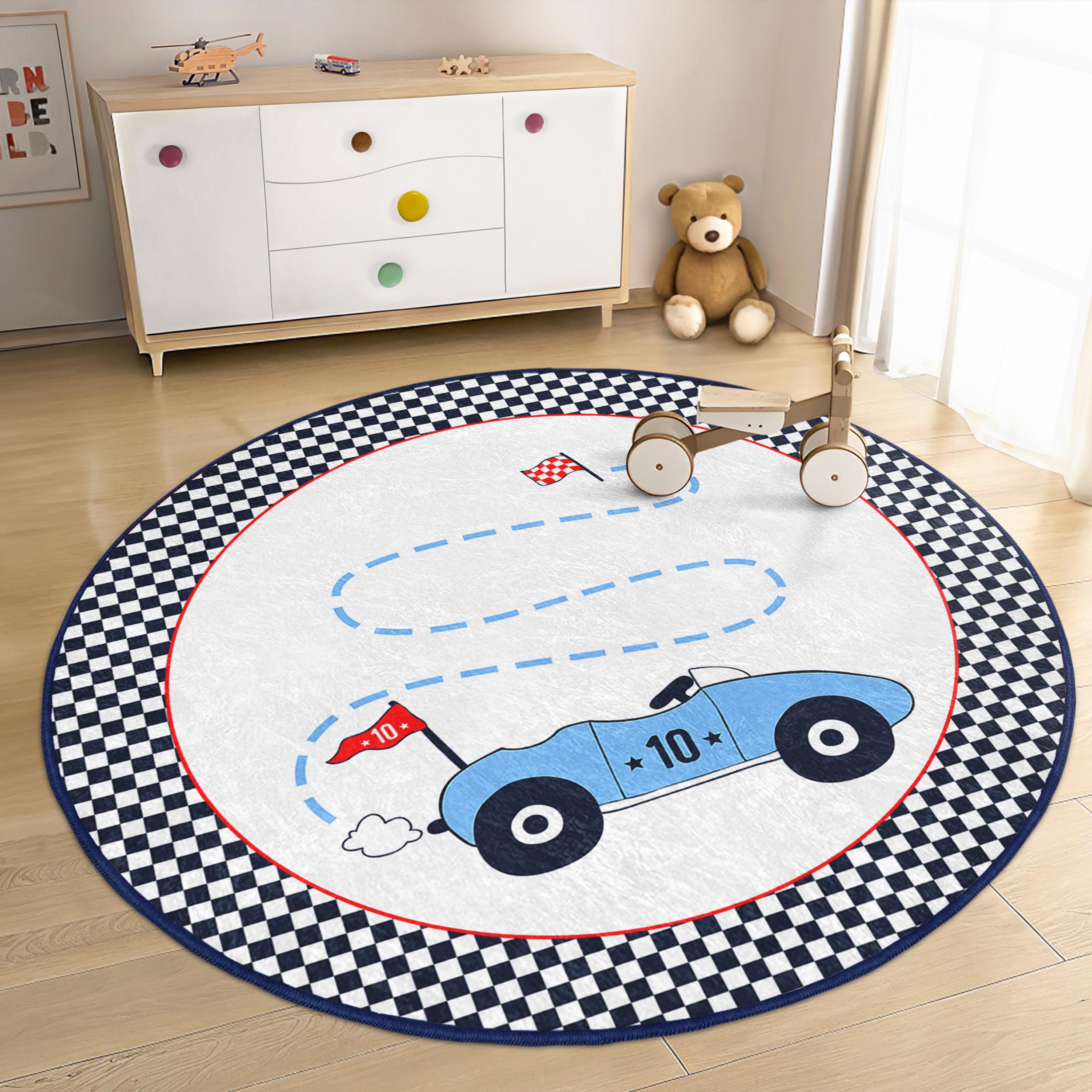 Round Racetrack Rug Race Car Kids Room Round Rug - Checkered Blue Track Circle Carpet - Fun ...