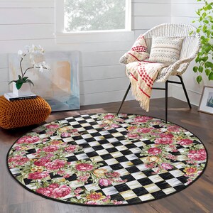 Black White Checkered Floral Round Rug-pink Roses Circle Carpet-vintage ...