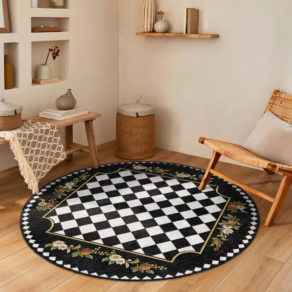 Elegant Checkered Floral Round Rug - Black White Circle Carpet