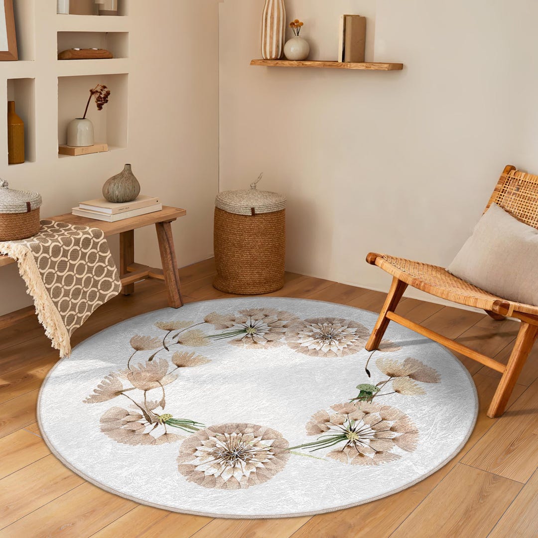 Beautiful Floral Beige Round Rug-botanical Leaf Design Circle Carpet ...