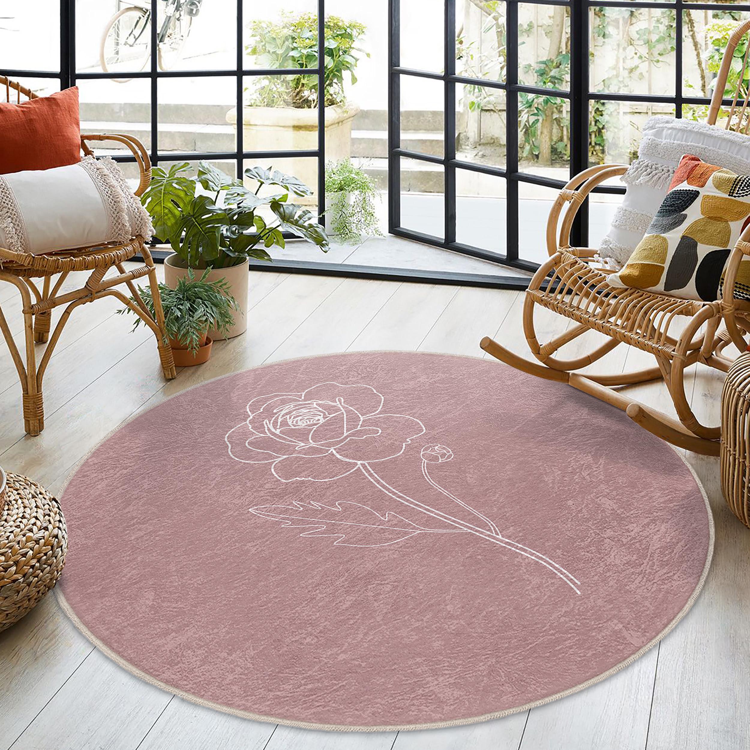 Rose Outline Pink Round Rug - Floral Sketch Minimalist Circle Mat ...