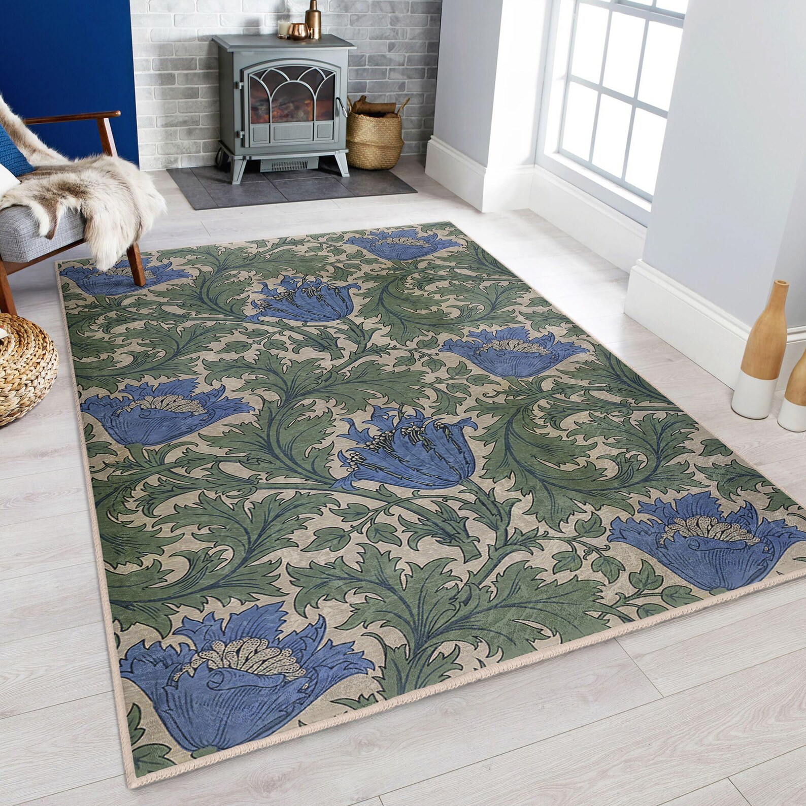 Blue Floral Botanical Area Rug - Vintage Leaf Pattern Accent Mat ...