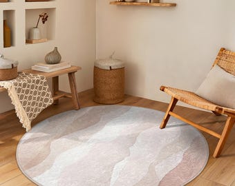 Tappeto rotondo ondulato in toni tenui della terra - Tappeto circolare curvo beige crema - Tappeto rotondo a tema artistico - Tappeto ovale con accenti pastello - Tappeto lavabile color terra
