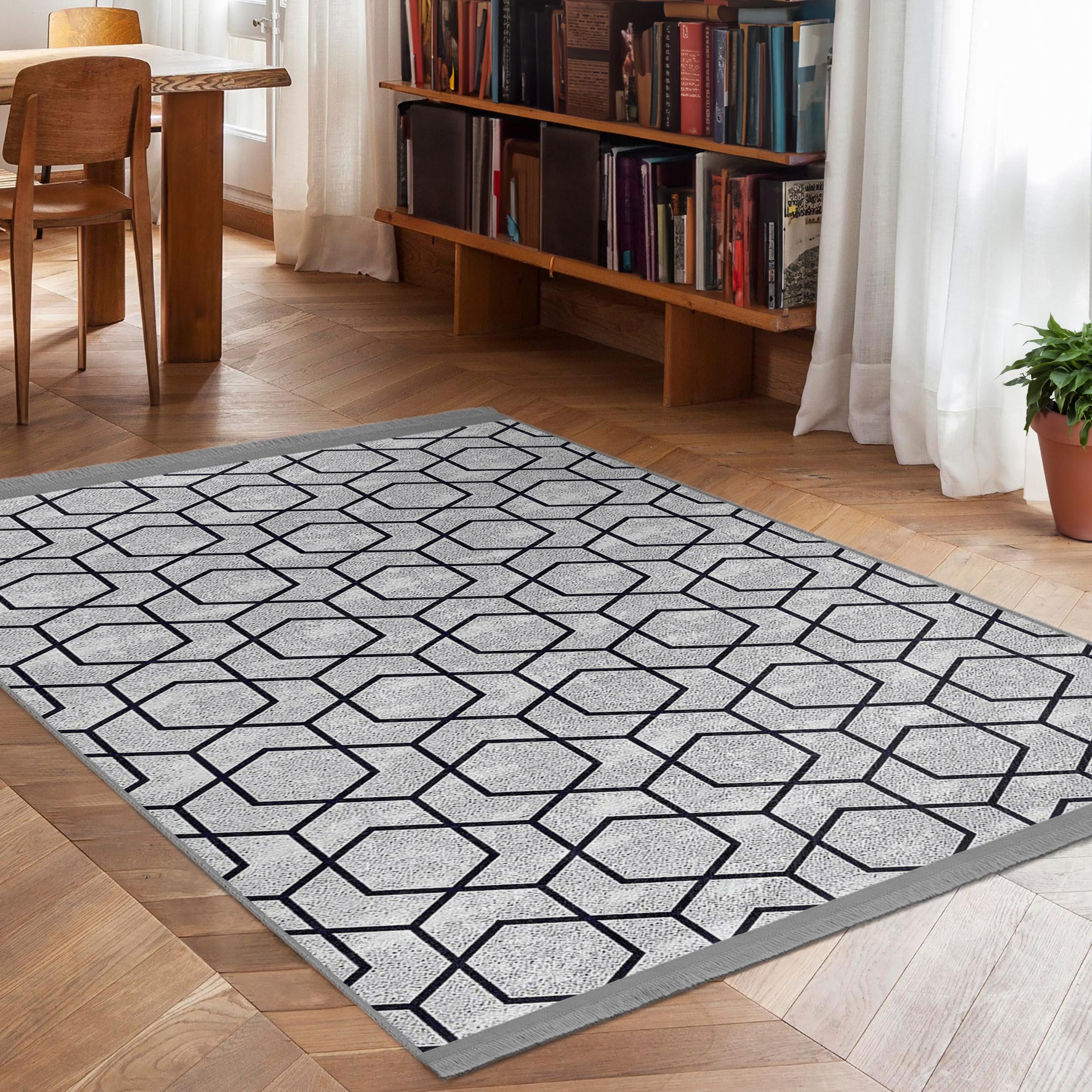 Hexagonal Pattern Rug Hexagonal Geometric Floor Area Rug - Black Line Hexagons Carpet ...