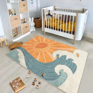 Sunburst Ocean Wave Teppich-Vibrant Sun Wave Muster-Coastal Beach Kinder Teppich-Orange Blau Bereich Teppich Spielzimmer Akzent Teppich-Kinderzimmer Dekor Matte
