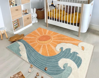 Sunburst Ocean Wave Rug-Vibrant Sun Wave Pattern-Coastal Beach Kids Carpet-Orange Blue Area Rug-Unique Playroom Accent Rug-Nursery Decor Mat