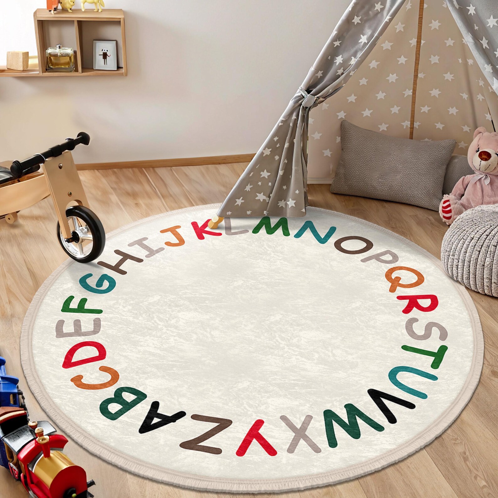 Multicolor Alphabet Kids Room Round Rug - Bright Letters Circle Mat ...