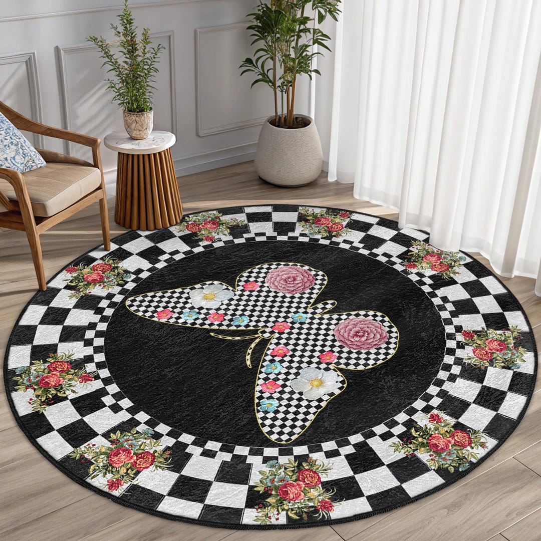Butterfly Floral Checkered Black Round Rug - Vintage Roses Checkerboard ...