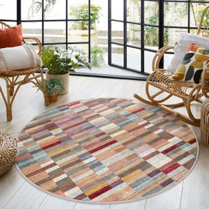 Lapptäcke Flerfärgad Rund Matta - Geometrisk Färgblocksmatta - Boho Vardagsrum Rund Matta - Livfull Accentmatta - Tvättbar Oval Matta