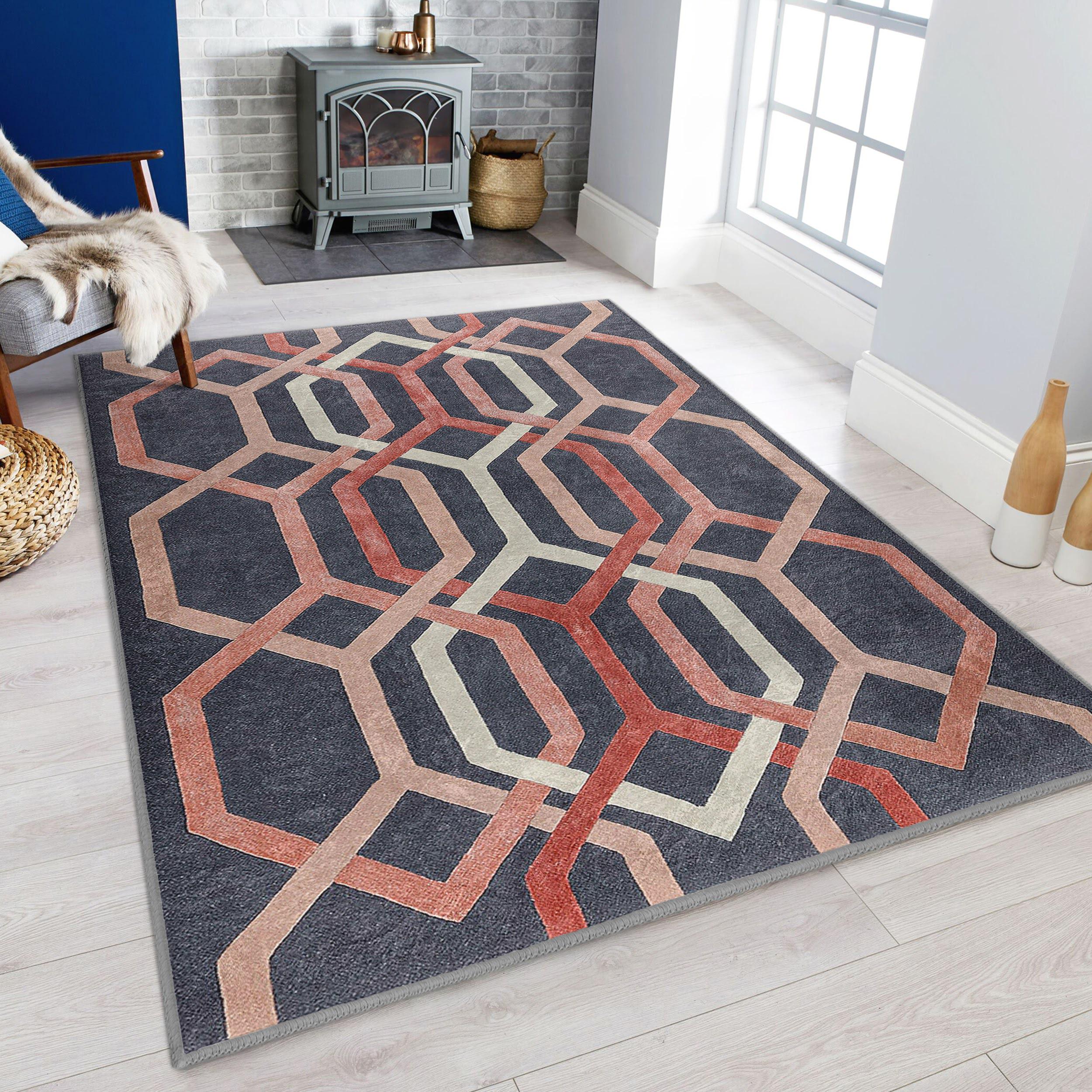 Hexagon Design 5x8 Area Rug - Interlocking Geometric Accents Mat - Red ...