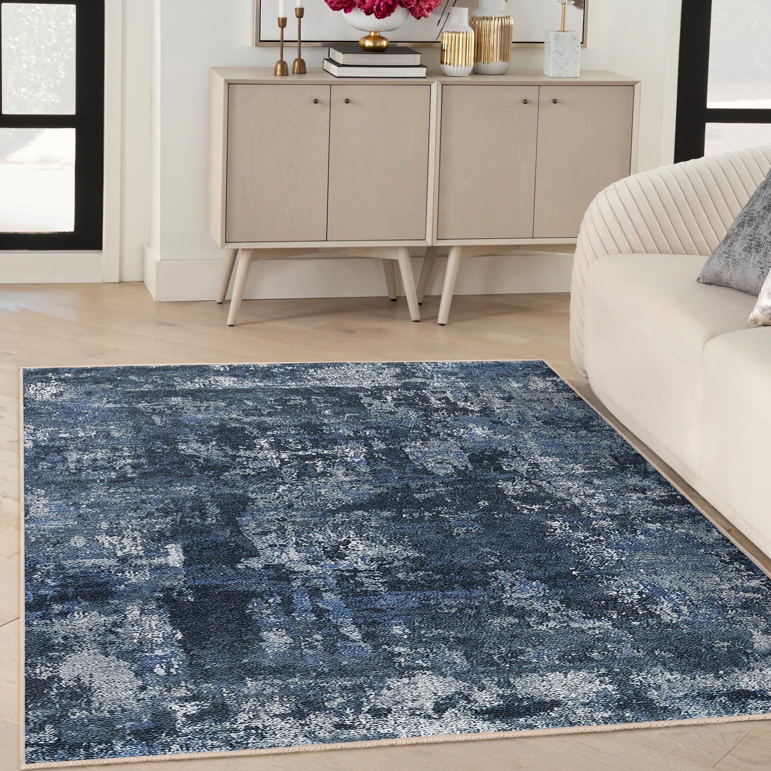 Blue Textured Abstract Area Rug - Slate Marbled Patterns Accent Carpet ...
