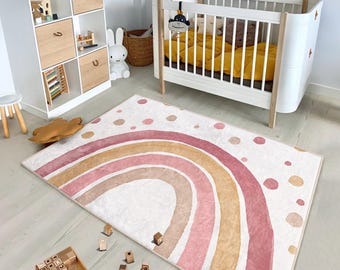 Pastel Rainbow Nursery Rug - Light Pink Arc Shapes Mat - Kids Room Accent Rug - Colorful Dotted Carpet - Modern Minimalist Area Rug