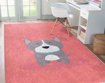 Adorable Dog Design Rug - Cute Animal Theme Pattern - Red Nursery Carpet - Fun Kids Area Rug - Whimsical Room Accent Rug -Playroom Throw Rug