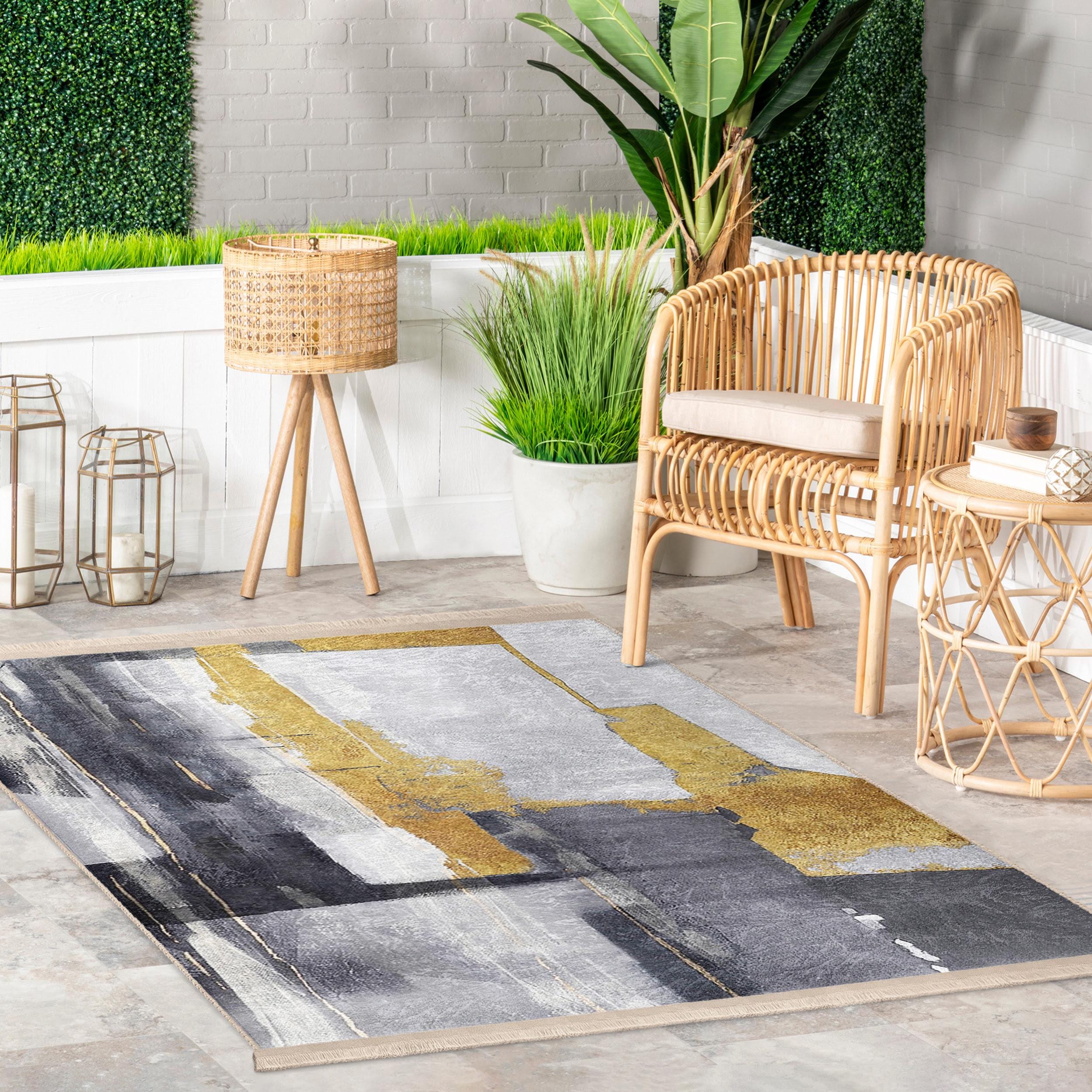 Modern Abstract Art Rug - Dramatic Brushstroke Gold Pattern Living Room ...