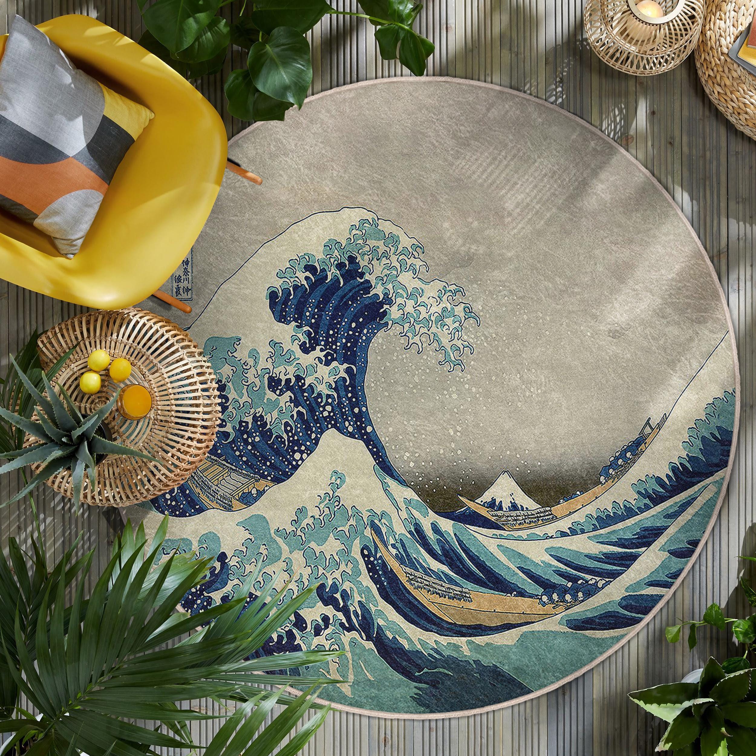 Navy Wave Art Round Rug - Japanese Ocean Circle Carpet - Kanagawa