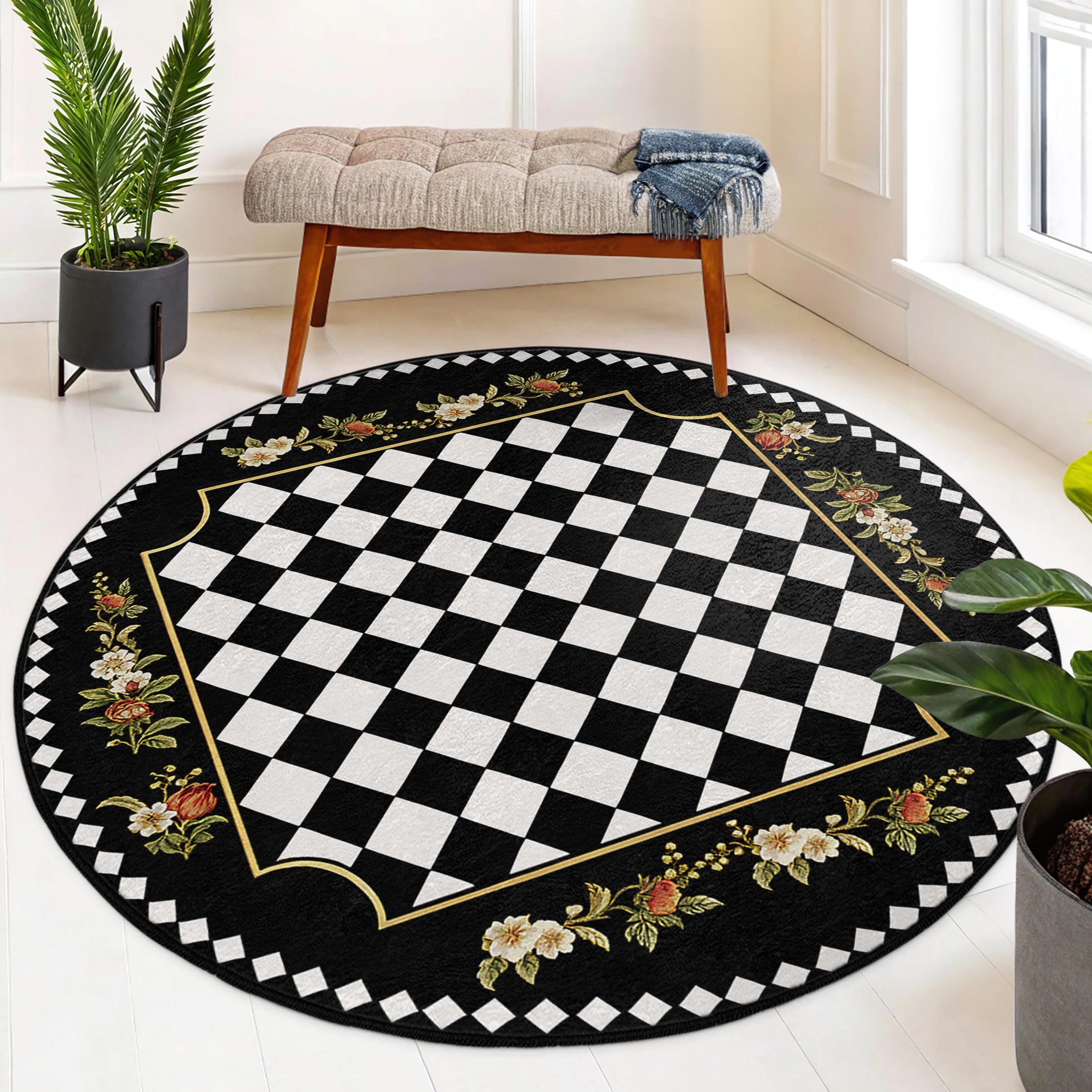 Patterned Rug Round Elegant Checkered Floral Round Rug - Black White Circle Carpet-classic ...