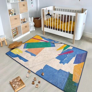 Modern Geometric Abstract Rug -Bold Color Block Patterns Mat-Nursery Accent Rug-Blue Dominant Carpet-Future Kids Room Décor-Vibrant Area Rug
