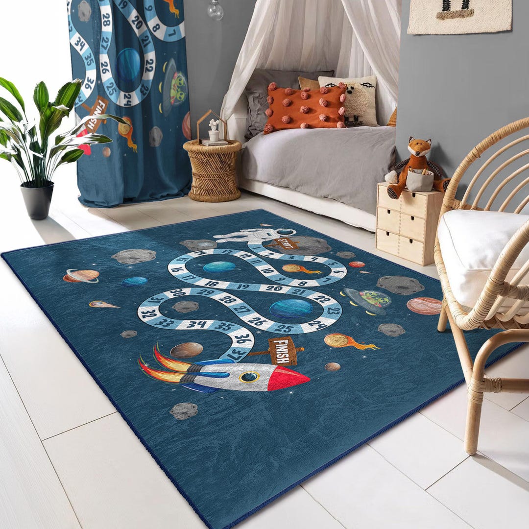 Space Adventure Kids Rug - Solar System Pattern Carpet - Navy Blue Area ...