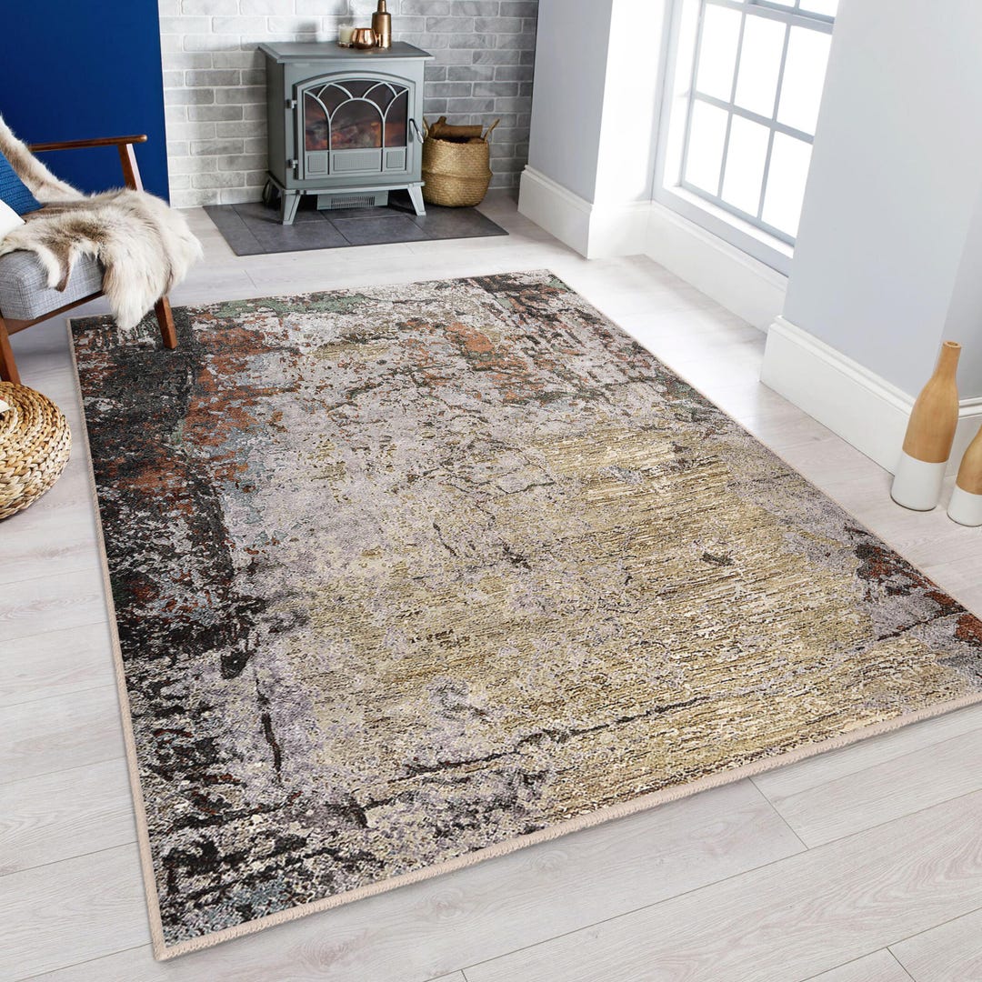 Heavy Texture Area Rug Rustic Distressed Texture Area Rug - Tan Earthy Tone Pattern Mat ...