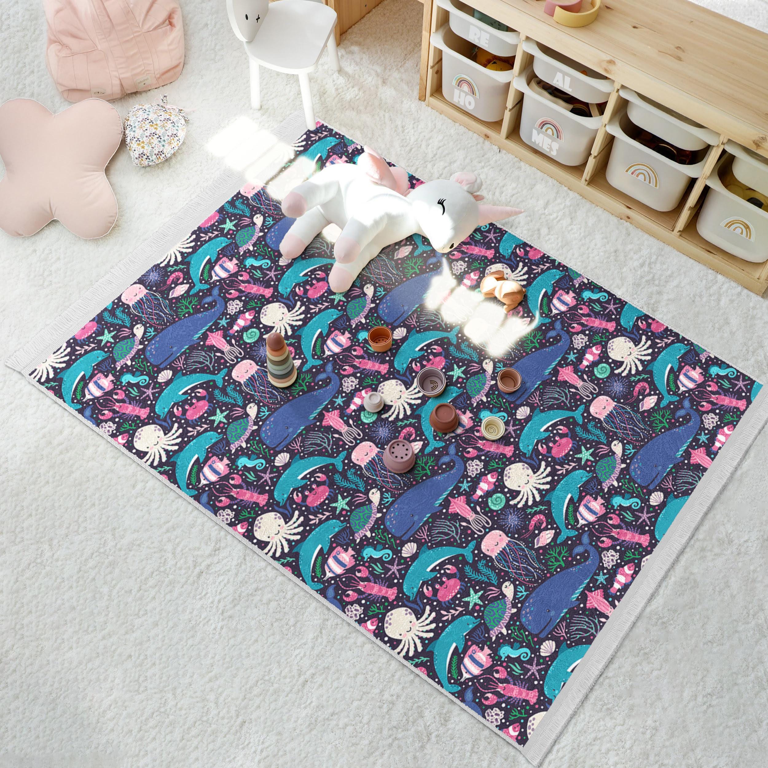水中生物 海洋 子供用ラグ - 海の生き物 クジラ タコ柄 カーペット