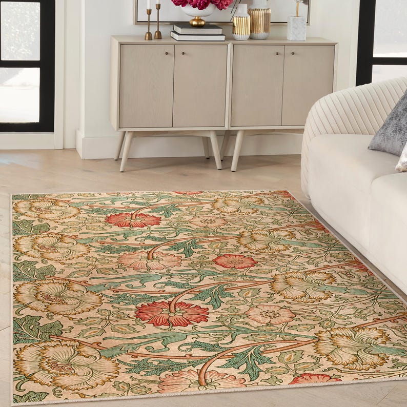 William Morris Artsy Scetch Area Rug-victorian Floral Area Rug-green ...