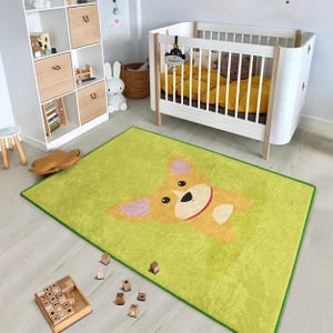 Joyful Dog Illustration Kids Rug - Cartoon Animal Nursery Carpet-Playroom Area Rug-Vibrant Green Accent Mat-Creative Childhood Dreams Decor