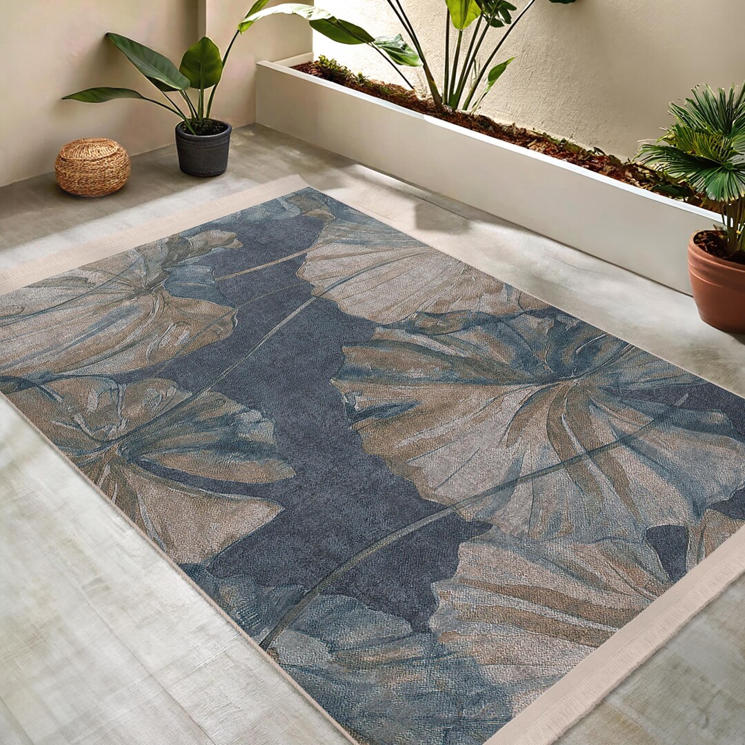 Ancient Leaf Blue Accent Rug - Nature Abstract Floor Art Mat - Vintage ...