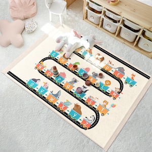 Alfombra con alfabeto de animales divertidos - Alfombra con patrón de tren de dibujos animados coloridos - Alfombra para habitación de niños - Alfombra de piso educativa vibrante - Alfombra decorativa para niños