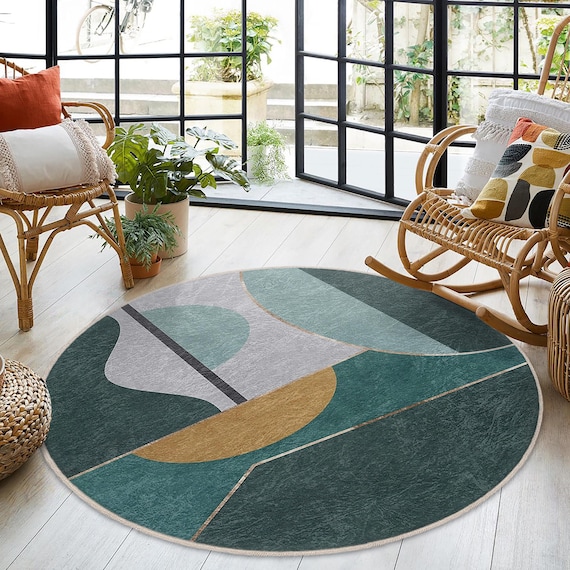 Tappeto Rotondo Verde Salvia 80 Cm – Lavabile In Lavatrice, Retro Antiscivolo, Pelo Basso, Design Geometrico Astratto | Per Soggiorno, Camera, Ingresso
