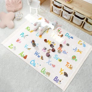 Alfombra con diseño de animales del alfabeto - Alfombra para sala de juegos infantil - Alfombra de guardería con letras de colores - Alfombra decorativa educativa gris - Alfombra creativa para habitación infantil
