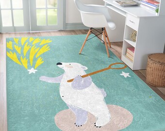 Polar Bear in Whimsical Rug - Bear Bubble Fun Pattern Mat - Teal Kids Carpet-Playroom Area Rug-Adorable Animal Accent Rug-Modern Nursery Mat