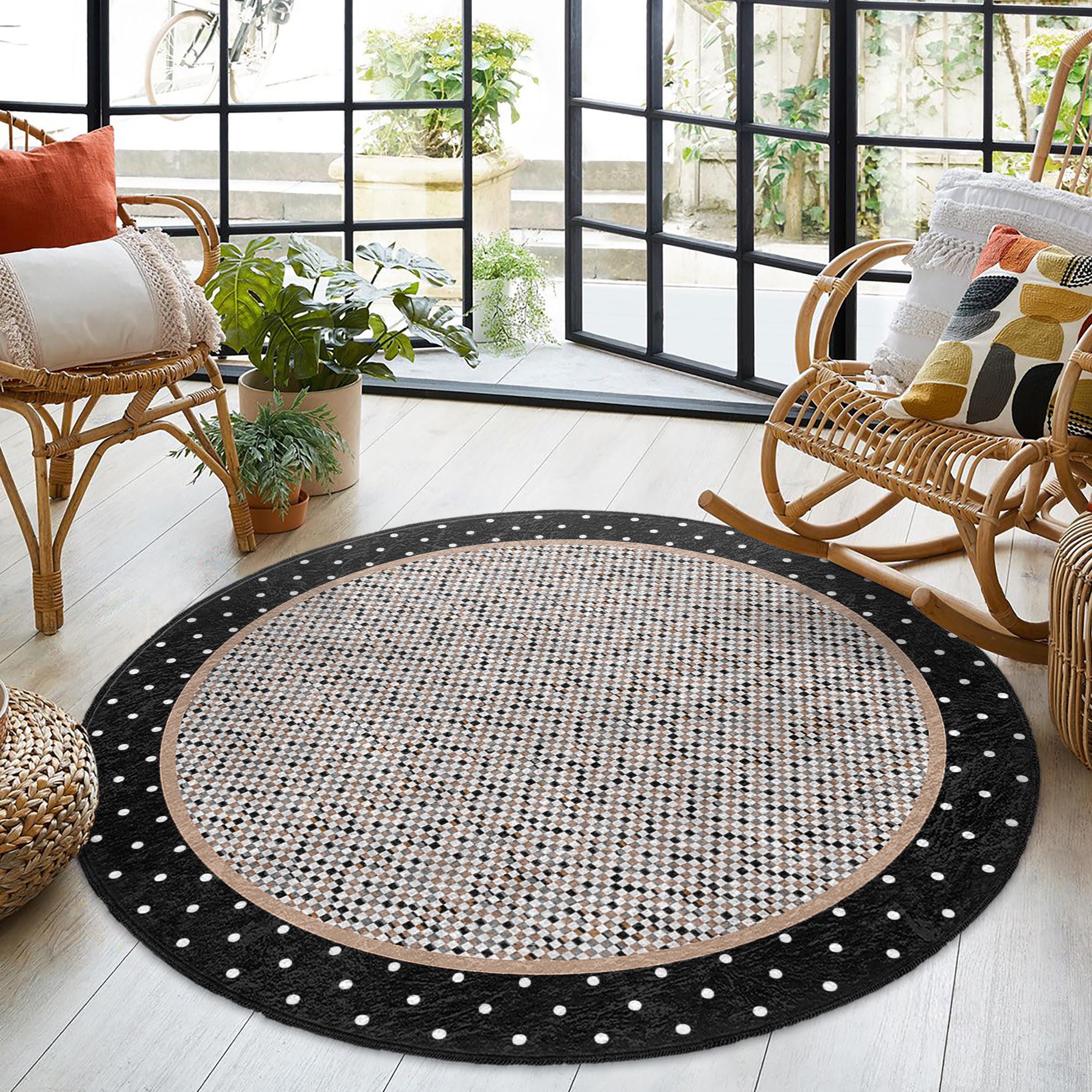 Polka Dot Black Border Round Rug - Checkered Mosaic Circle Carpet