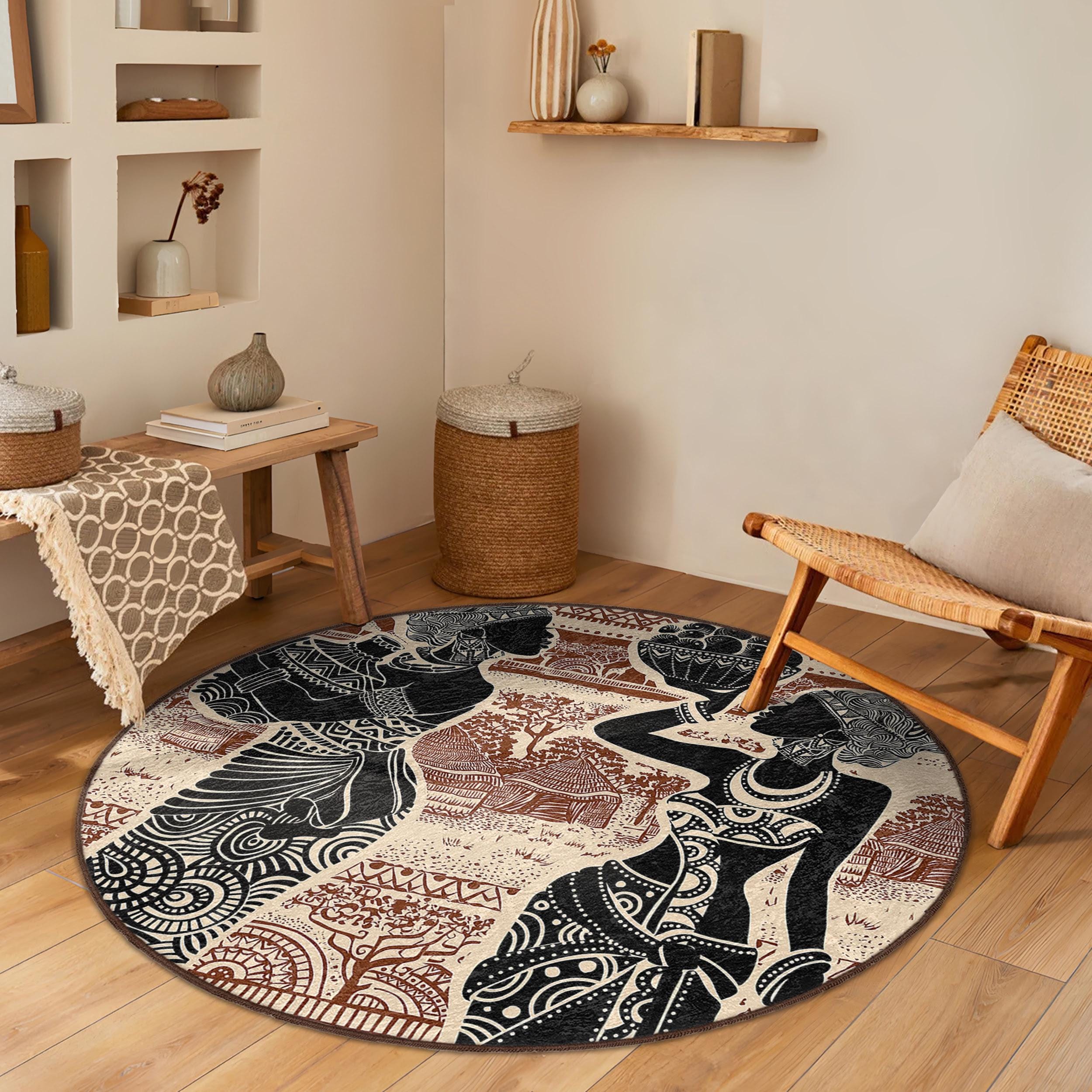 Cultural Rug Intricate Tribal Art Round Rug -african Silhouette Design Circle Carpet ...