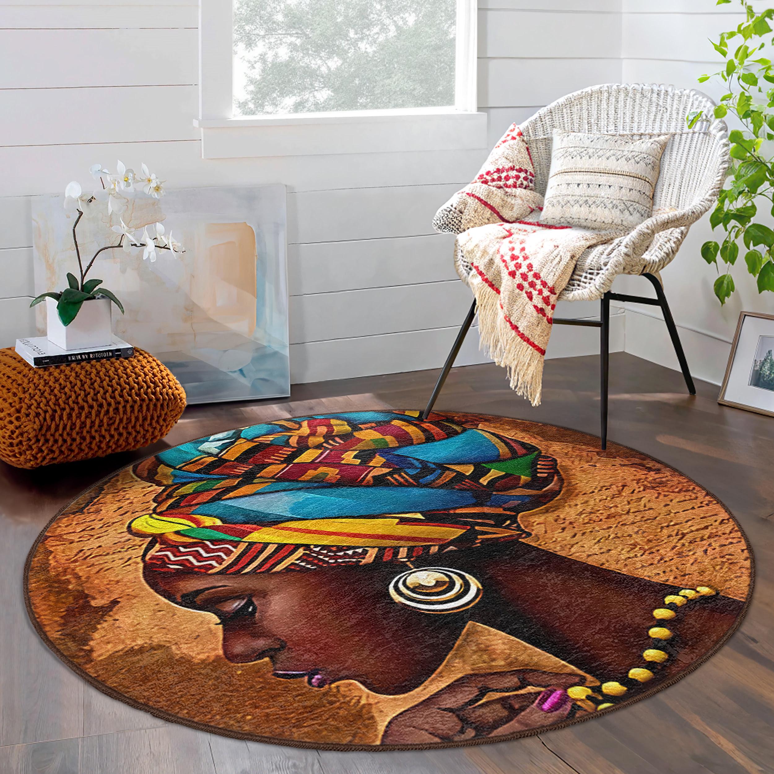 African Art Round Rug - Cultural Headwrap Afro Circle Carpet -bold ...
