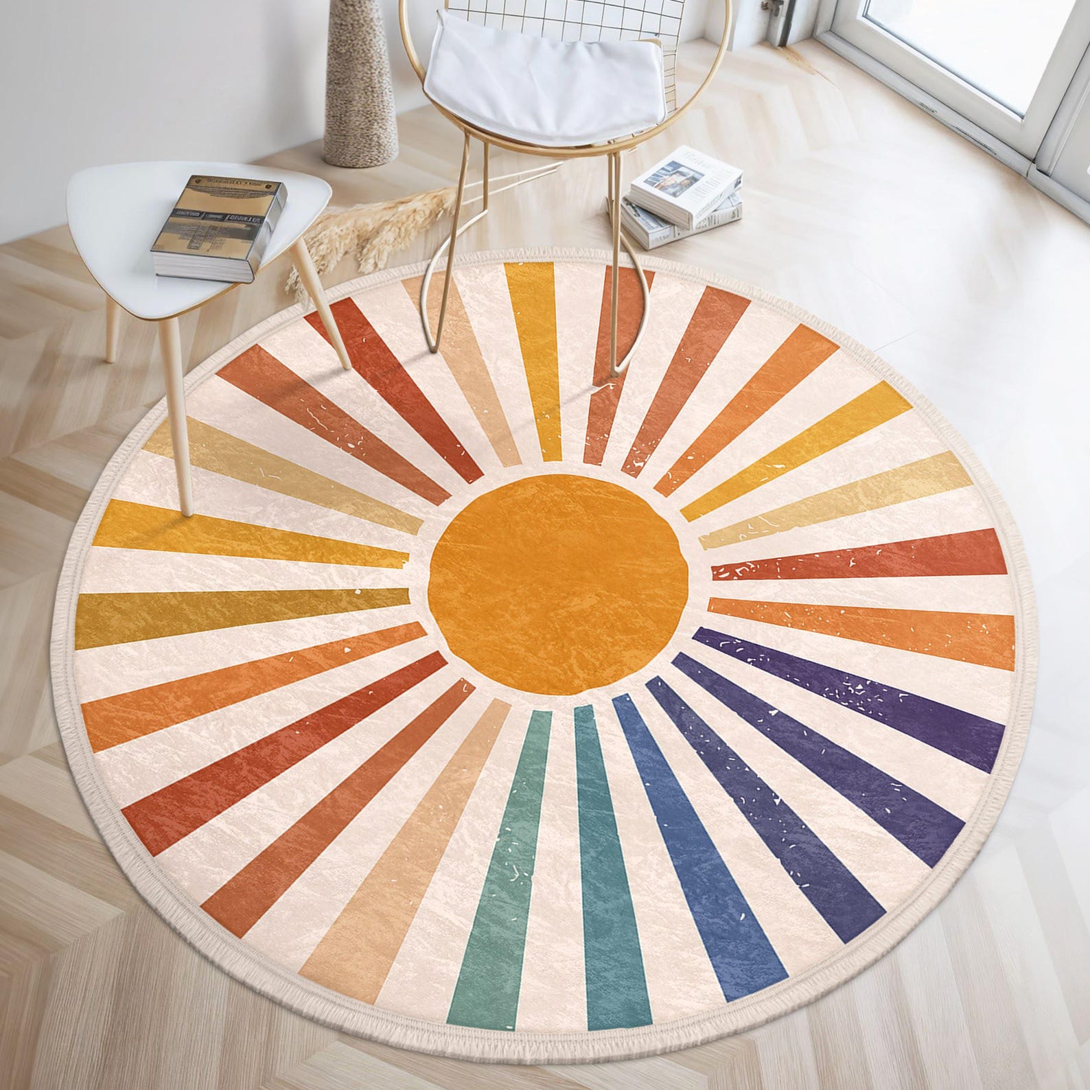 Radiant Sunburst Design Round Rug - Colorful Rays Circle Carpet ...